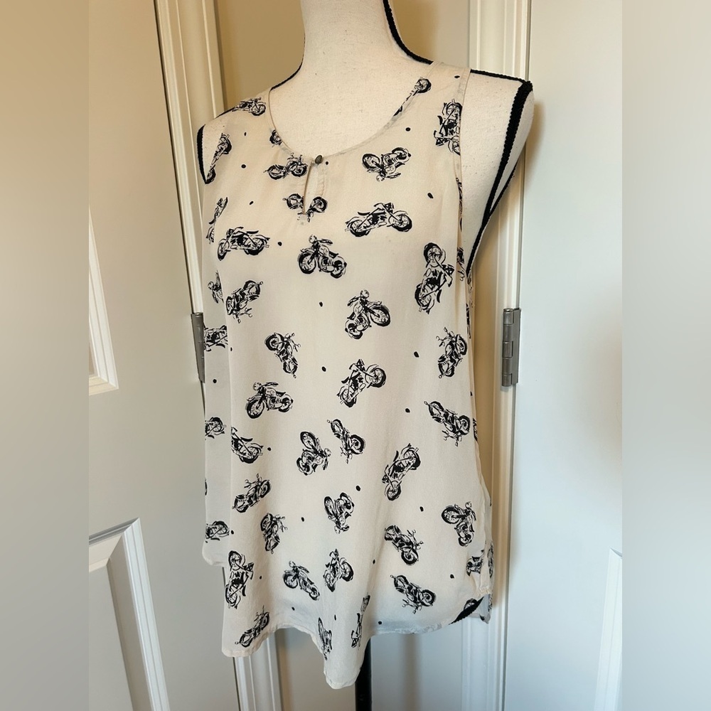 Lucky Brand Cream Tank Top with Black Motorcycle Print